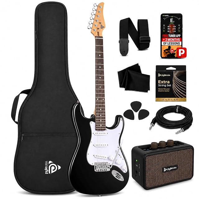 Set de guitarra eléctrica Pyle ST en negro con amplificador y funda